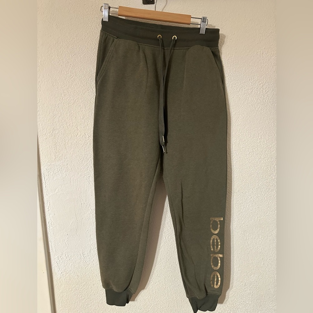 Bebe Sport Joggers Women Olive Cotton Blend Vintage Gold Graphic Logo On Leg SzM
